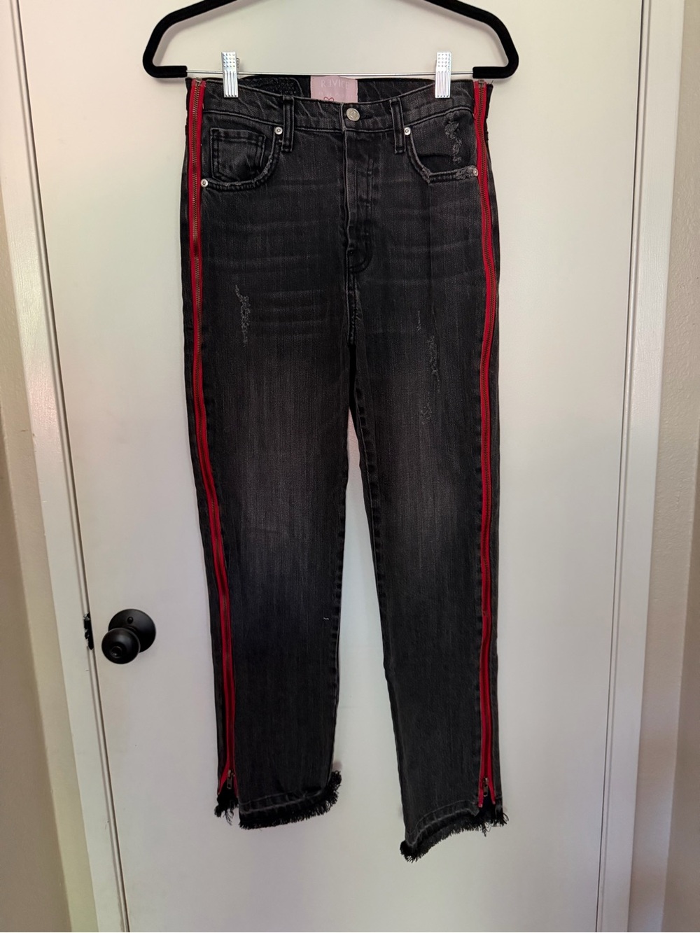 REVICE Black Slim Straight Jeans with Red Side Stripe